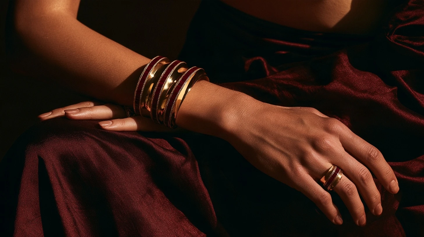 The Hunt · gold and ruby jewelry worn against burgundy silk