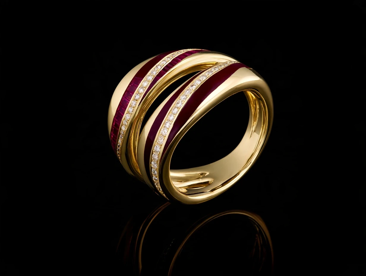 Stripe I · round gold band with ruby stripes