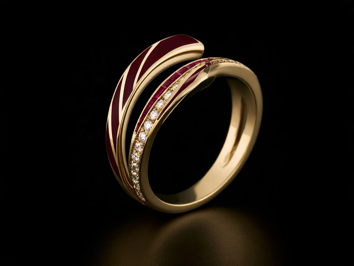 Stripe II · intertwined gold bands with rubies and diamonds